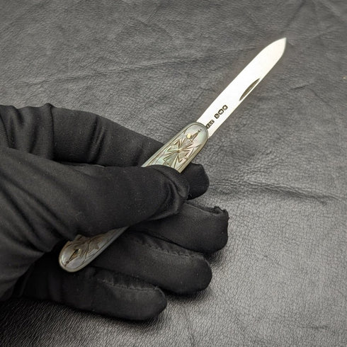 1921年 英国アンティーク 白蝶貝彫刻ハンドル 純銀ブレード 折りたたみペンナイフ